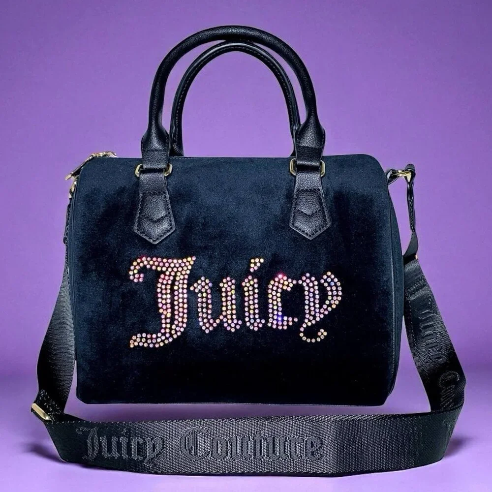 Juicy Couture Black Velvet with Iridescent Rhinestones Obsession Satchel Bag NWT